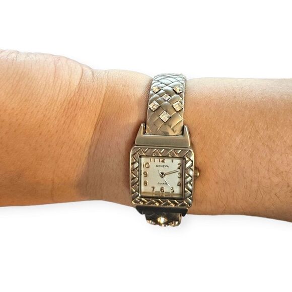 Geneva Silver-tone Basket Weeve & Crystal Open Cuff Watch - Picture 5 of 13